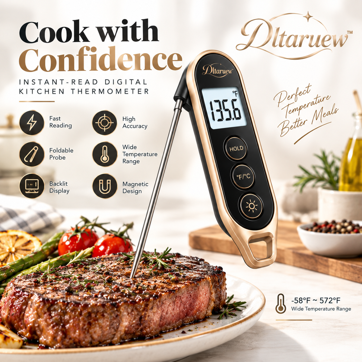 Dltaruew™ QuickTemp Culinary — Instant-Read Digital Kitchen Thermometer with Folding Probe & Backlit Display