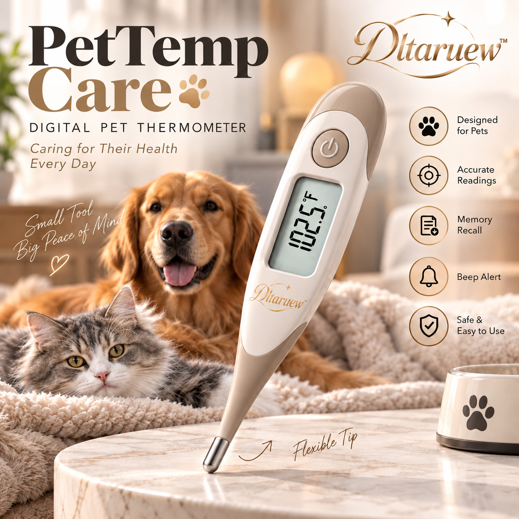 Dltaruew™ PetTemp Care — Digital Pet Thermometer with Flexible Tip, Large LCD & Memory Recall