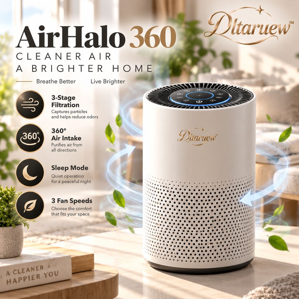 Dltaruew™ AirHalo 360 — Compact 3-Stage Air Purifier with Particle Filter, Activated Carbon Layer & Sleep Mode