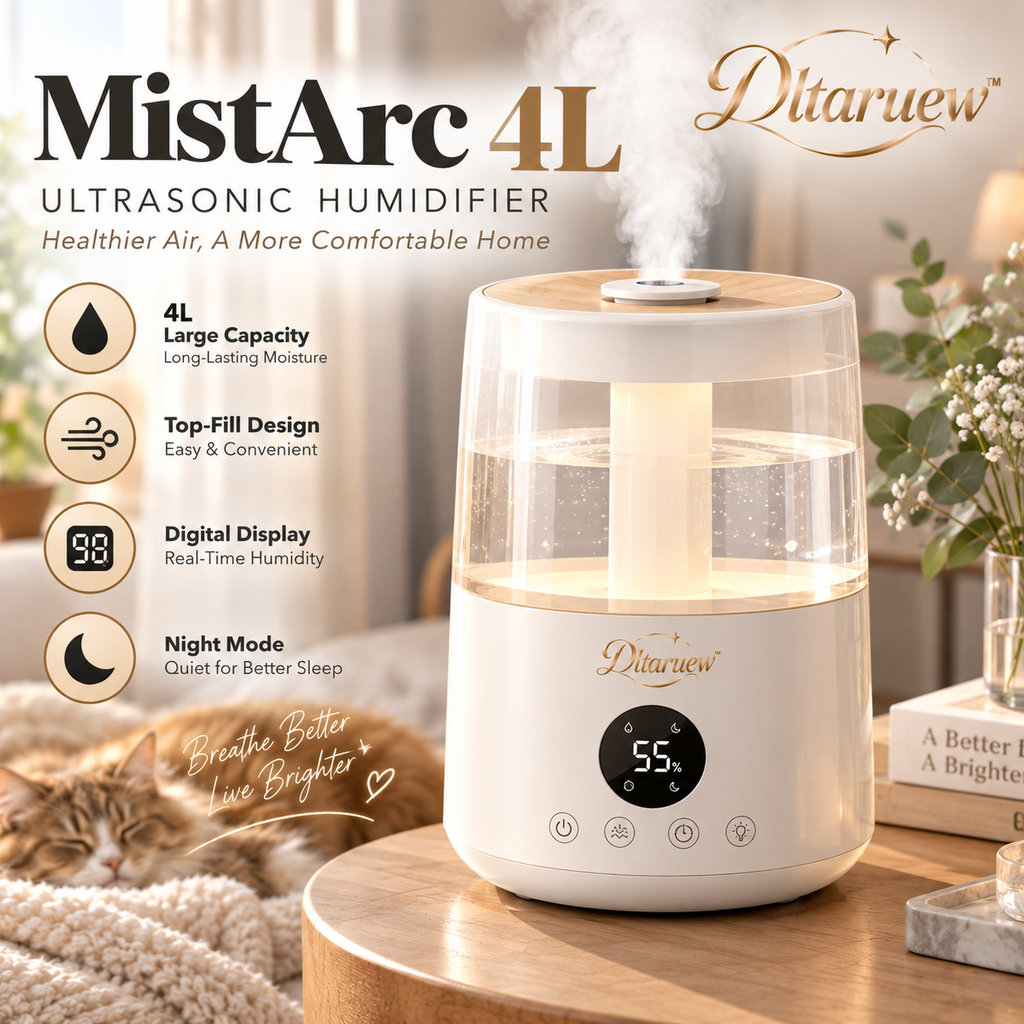 Dltaruew™ MistArc 4L — Top-Fill Ultrasonic Cool Mist Humidifier with Digital Humidity Display & Night Mode