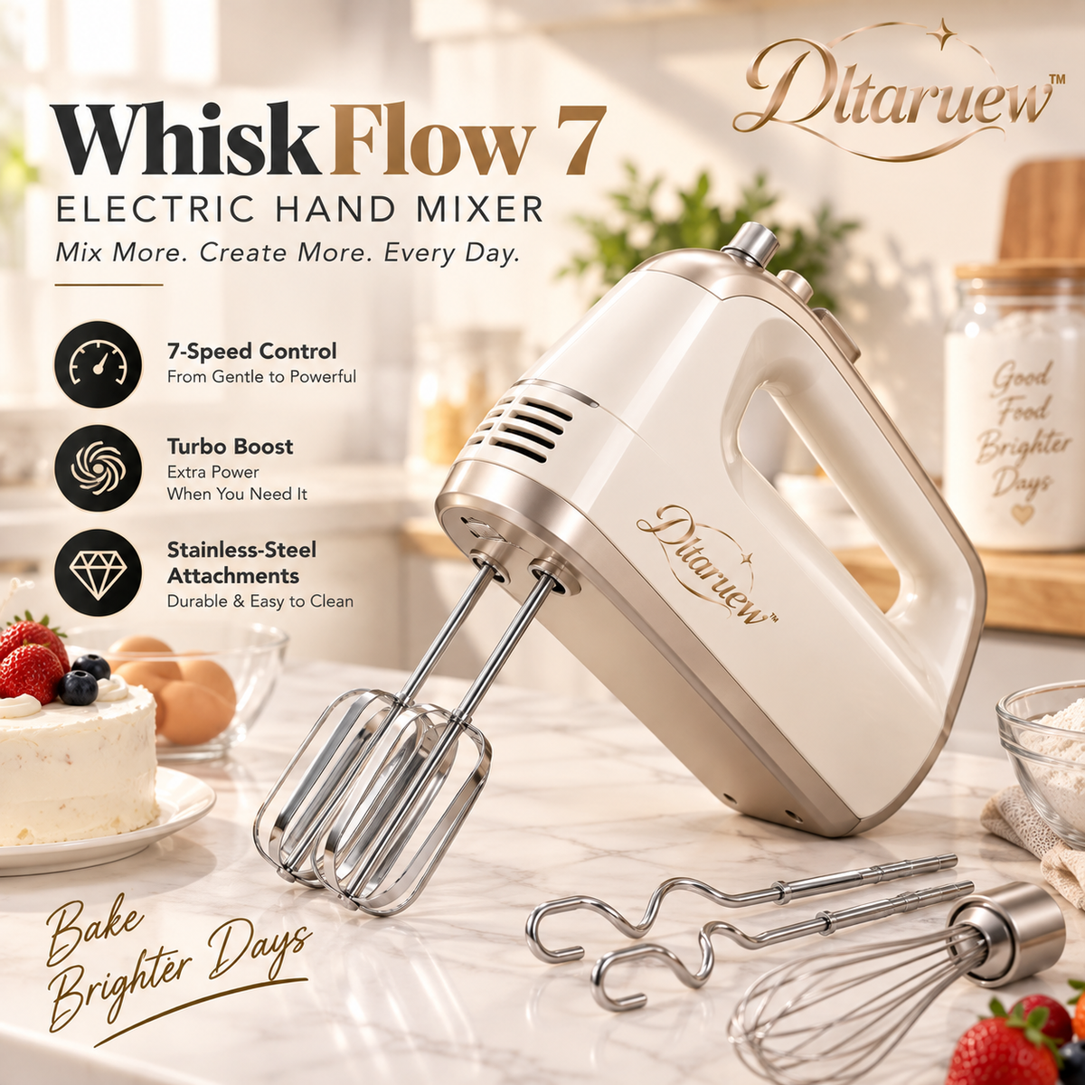 Dltaruew™ WhiskFlow 7 — 7-Speed Electric Hand Mixer with Turbo Boost & Stainless-Steel Attachments