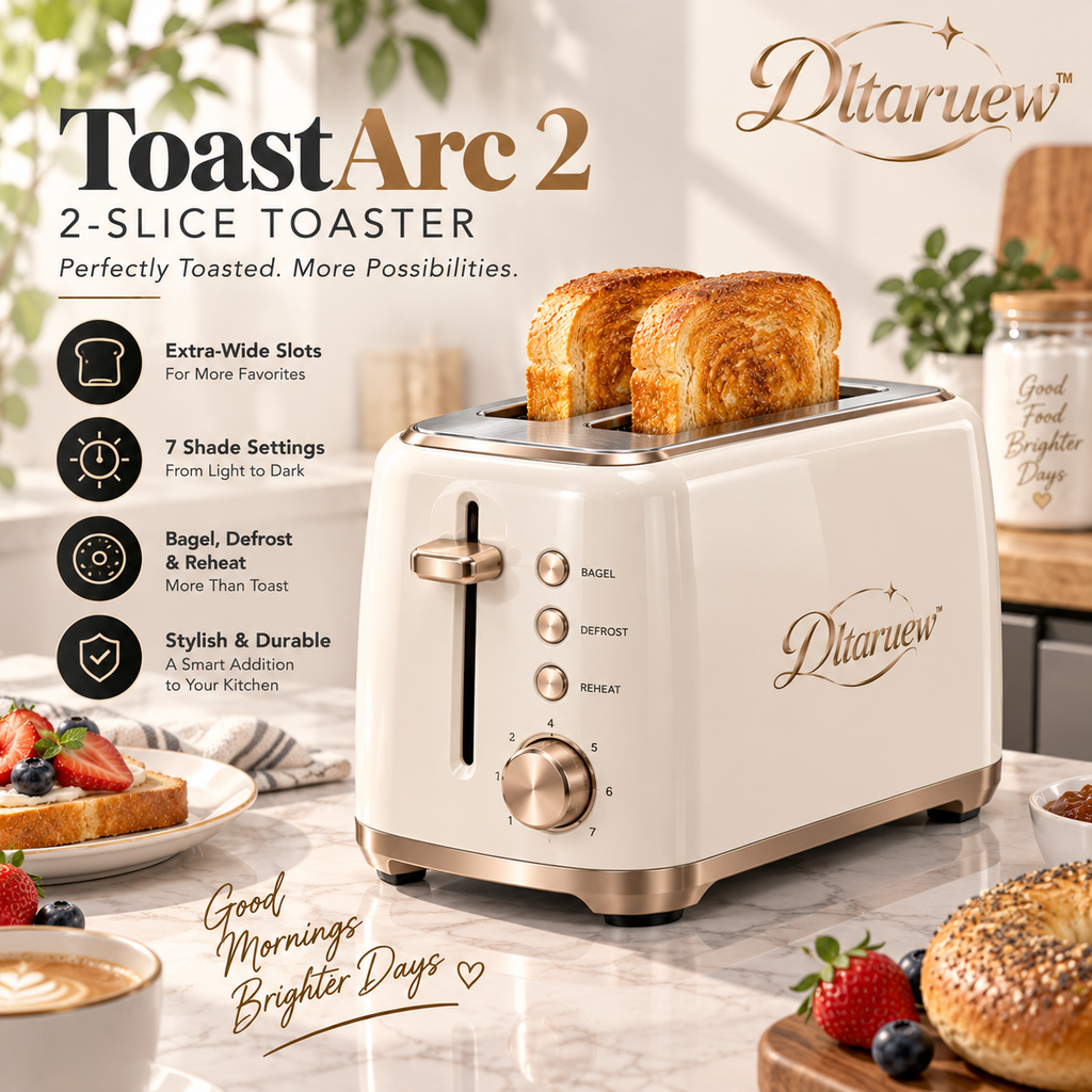 Dltaruew™ ToastArc 2 — 2-Slice Extra-Wide Slot Toaster with 7 Shade Settings, Bagel, Defrost & Reheat