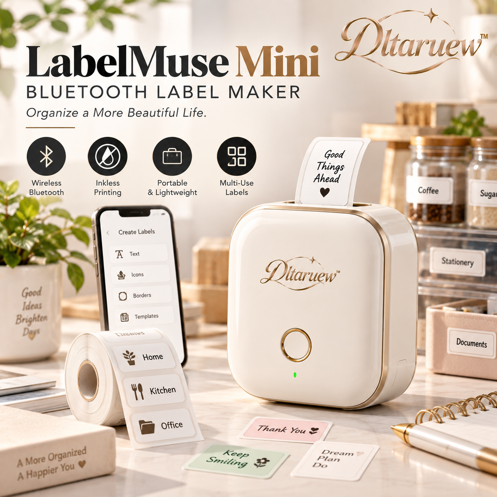 Dltaruew™ LabelMuse Mini — Bluetooth Thermal Label Maker, Inkless Portable Organizer Printer for Home & Office
