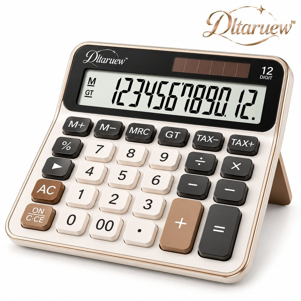 Dltaruew™ CalcFrame Pro — 12-Digit Desktop Calculator with Large Tilt Display, Tax Keys & Dual Power