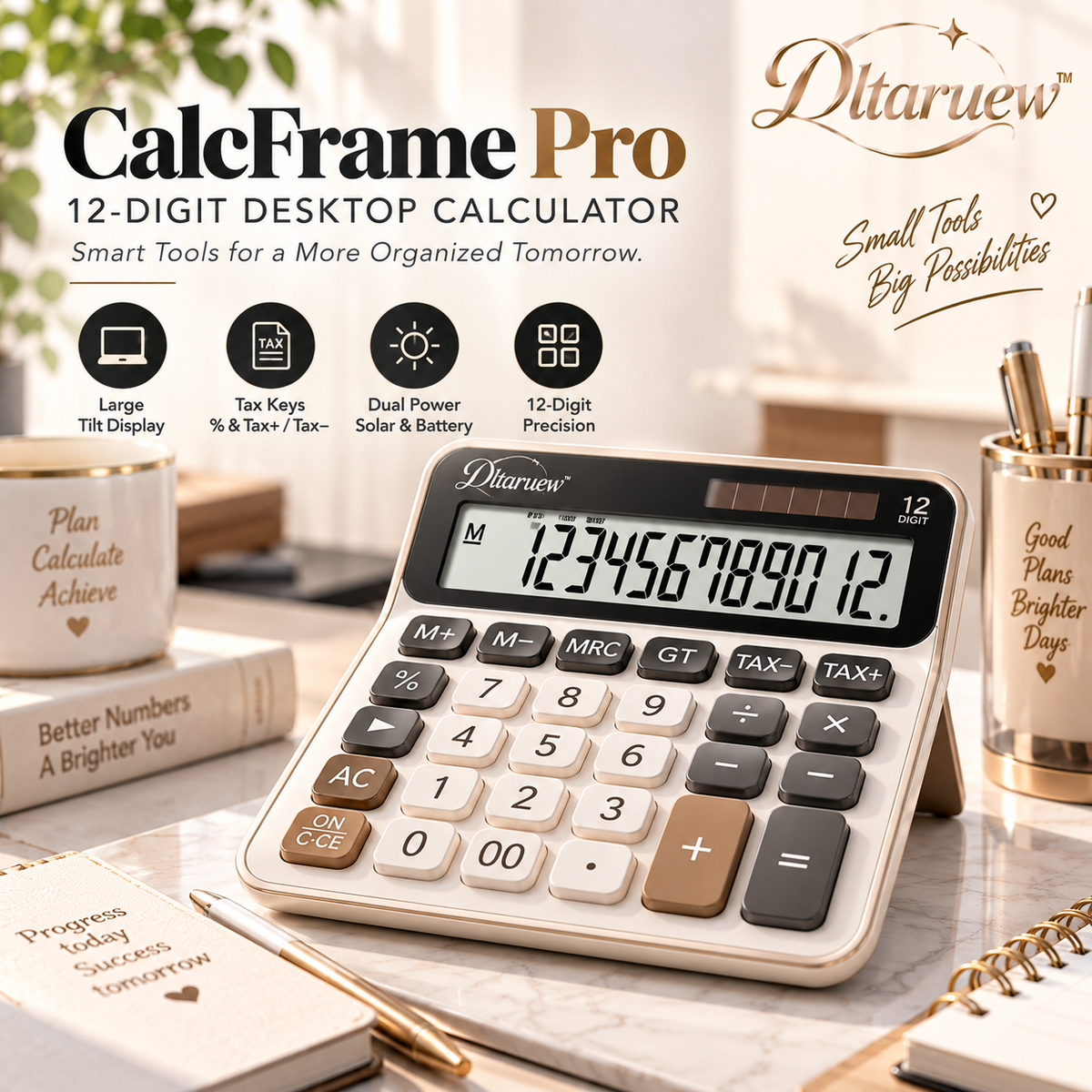 Dltaruew™ CalcFrame Pro — 12-Digit Desktop Calculator with Large Tilt Display, Tax Keys & Dual Power